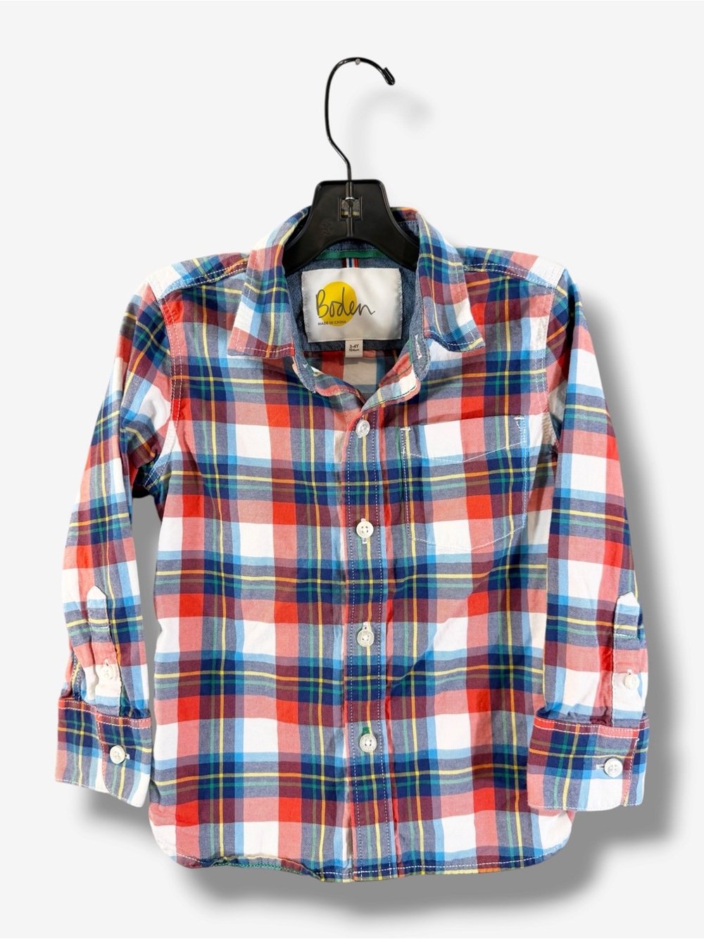 Boden Boys Plaid Button Down Shirt 3-4Y 104 Red Blue White Cotton